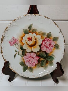 Vintage Ucagco Japan Decorative Plate |  Porcelain Rose Bouquet Gold Leaf Trim